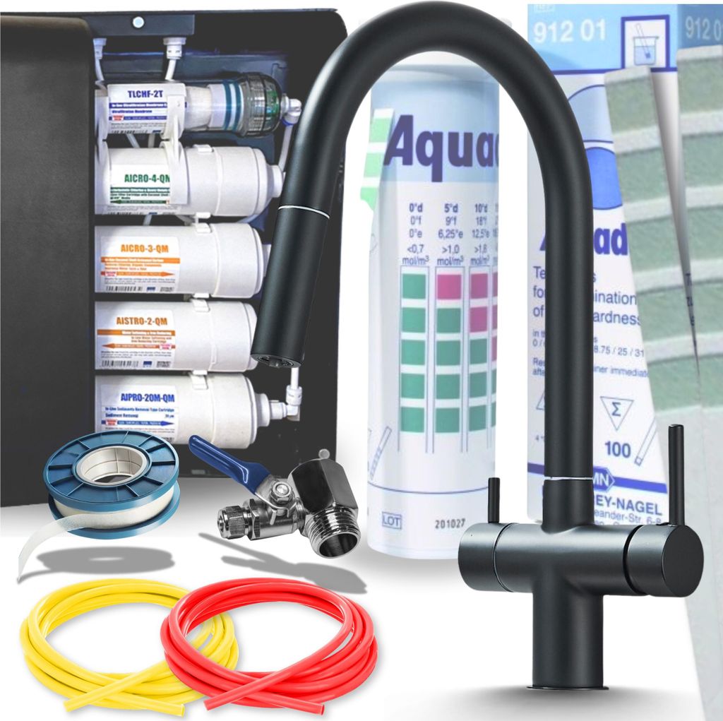 Ari Slender 3-Wege Küchenarmatur Schwarz Matt Ausziehbar mit 5-Stufen Wasserfiltersystem Untertischfilter