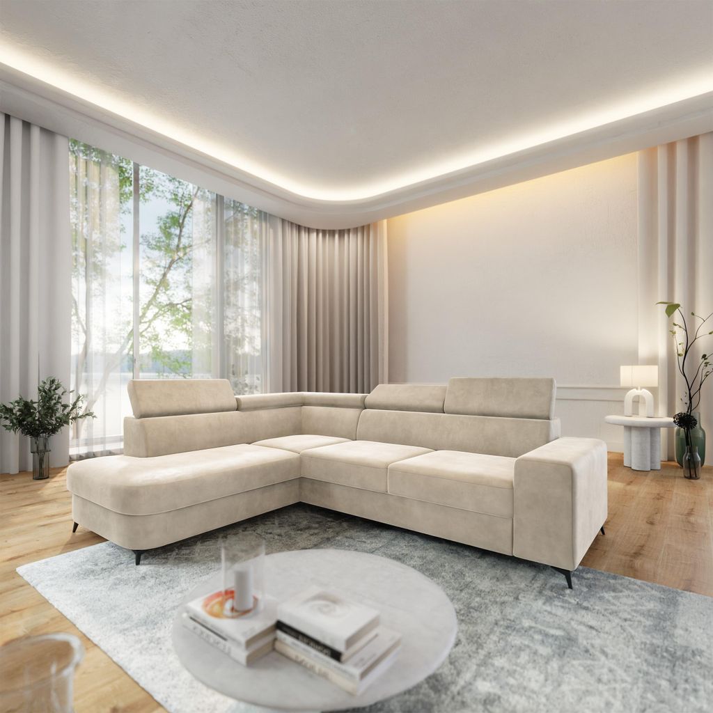 Masseno Ecksofa ALVORO L-S mit Schlaffunktion L-Form, Sofa mit Bettkasten, Wohnzimmersofa, Couch, Soffa, Bettsofa, Couchgarnitur- Creme, MONOLITH 04