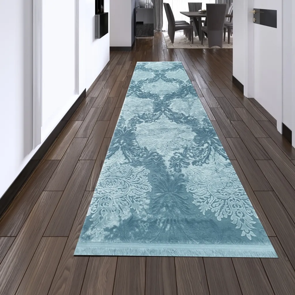Tapis Oriental en laine bleu anti-bruit et isolant - Format 80x300 cm