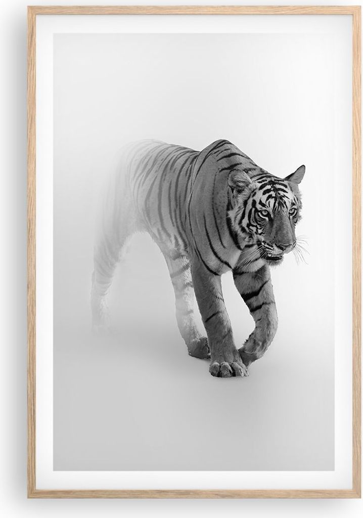 Gerahmtes Poster - Rahmen in heller Eiche - Tiger Monochrom Produktbild 
