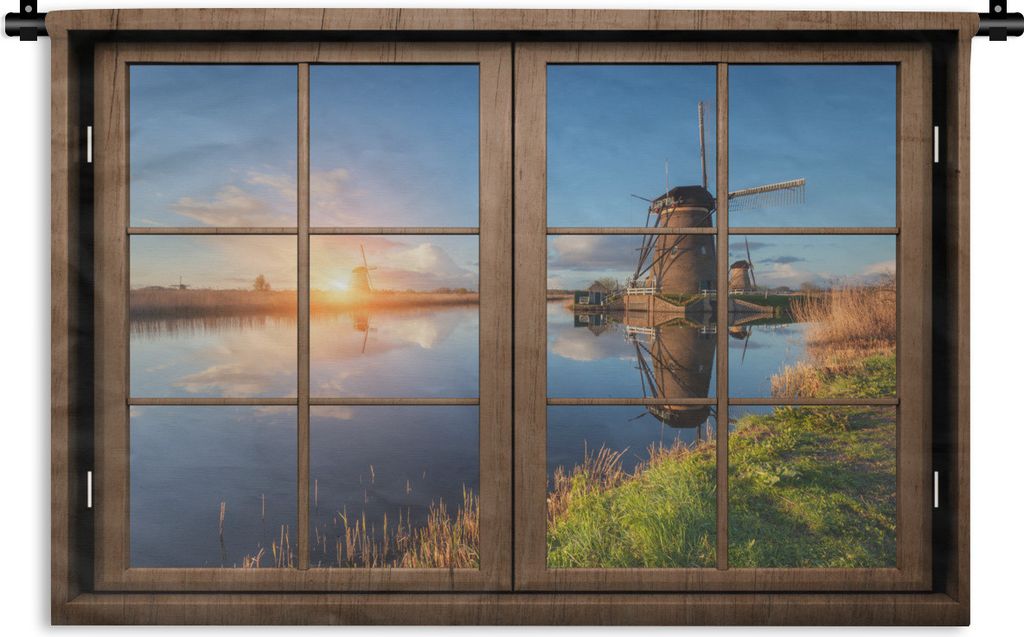MuchoWow Wandteppich Wandbehang Aussicht - Mühle - Sonnenuntergang 90x60 cm Tapisserie Dekoration Wandtuch - Wandskulpturen - Bildteppich