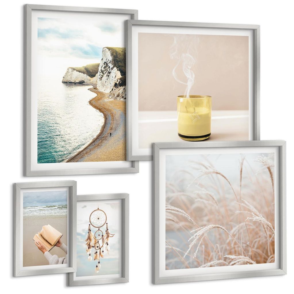 Bilder Set 5-teilig im silbergerahmten Rahmen – Wandbilder 5 Stück – gerahmte Poster für Wohnzimmer, Schlafzimmer und Flur – 50x50 cm - 40x...