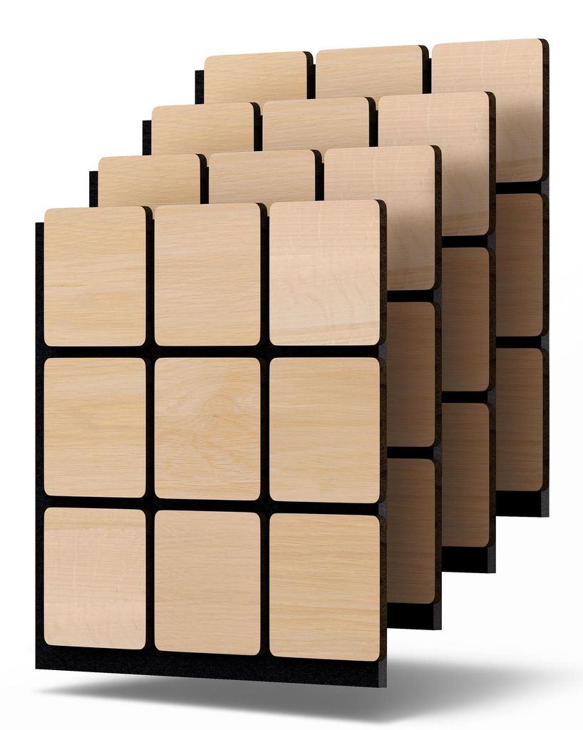 Dalsys 4x Akustikpaneele Holz 60x60cm mit 3D-Quadrat-Muster Eiche hell - Wandpaneele Holz für Schallschutz in Arbeits- & Wohnräumen - Akustik Pan...