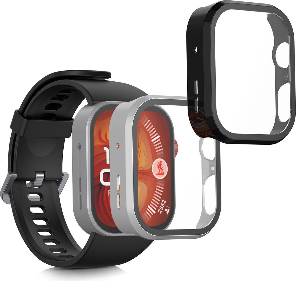 kwmobile 2x Glas Hülle für Huawei Watch Fit 4 Pro Schutzhülle - Fullbody Fitnesstracker Case Set aus Glas - Schwarz Silber