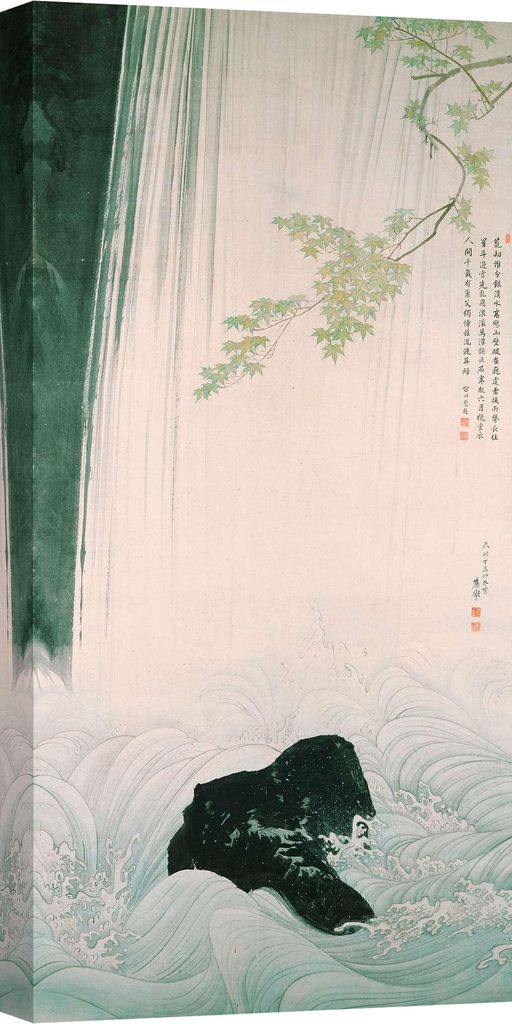 Leinwandbilder, japanische Kunst - Maruyama Ōkyo - Grüner Ahorn und Wasserfall, 1787 - 140 x 70 cm