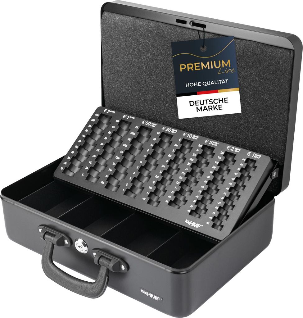 A black metal cash box with a coin sorting tray is open, displaying its compartments and the tray's coin slots. A product tag hangs from the lid.