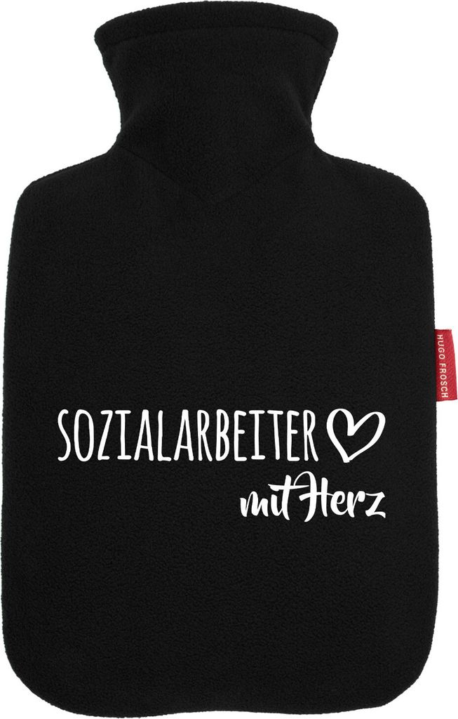 Huuraa Wärmflasche Sozialarbeiter mit Herz 1,8 Liter Black Classic Veloursbezug Bettflasche Geschenkidee