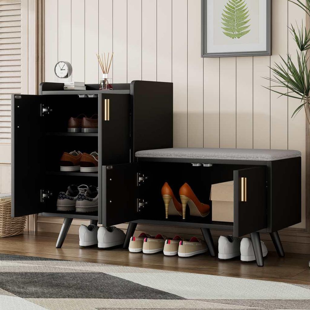 Moderne Schuhtruhe in Weiß mit Stauraum, gepolsterter Sitzbank und Rückenlehne - Schuhregal mit Metallgriffen und Metallbeinen - Perfekt für de...