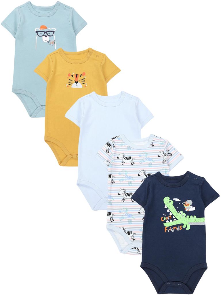 TupTam Jungen Baby Body Kurzarm in Unifarben - 5er Pack, Farbe: Krokodil Dunkelblau Tiger Senfgelb Zebra Blau, Größe: 92