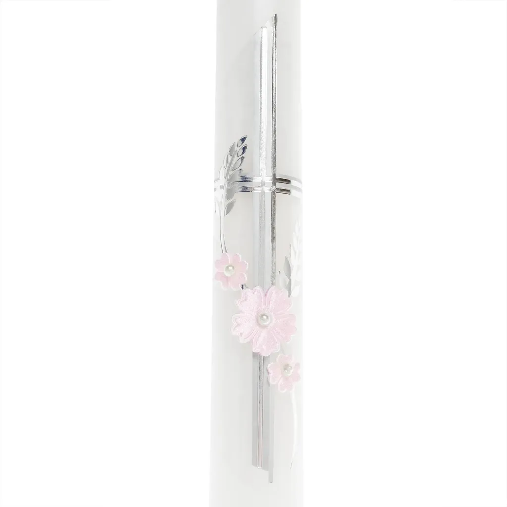 Elegante Candela Battesimo Bimba: Fiori Rosa, Perla e Scatola Inclusa - 4