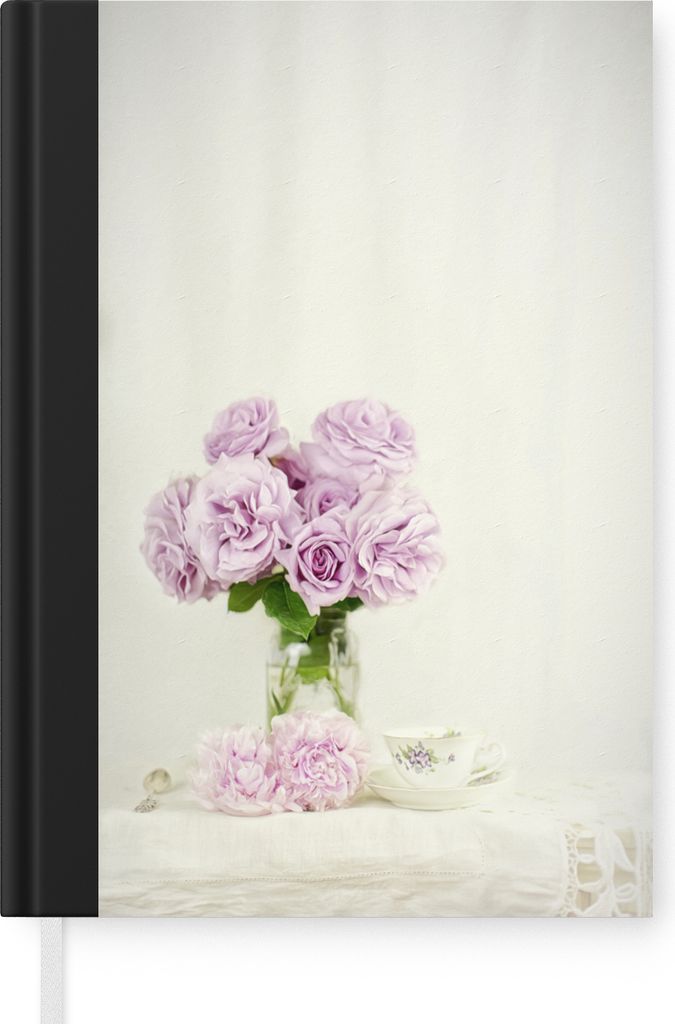 MuchoWow Notizbuch Tagebuch Haushaltsbuch Notebook A5 Blumenstrauß aus rosa Pfingstrosen an einer Teetasse - Notizblock - Notizheft - Notebook -...