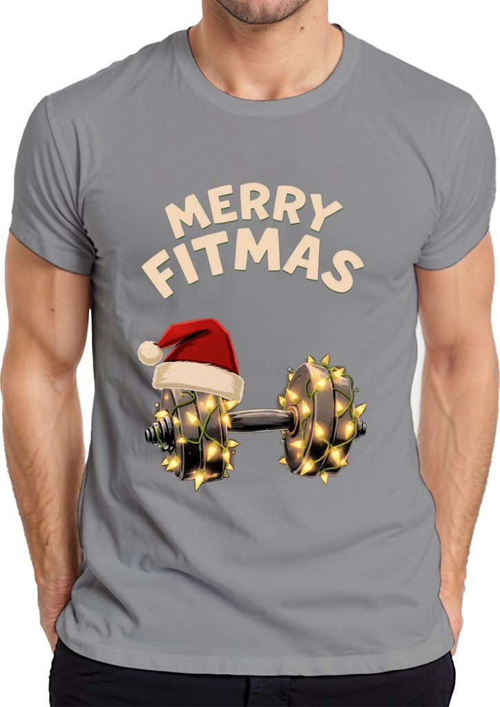 Merry Fitmas Fitness Hantel Weihnachten Geschenk Lustig Herren T-Shirt, Grau, S