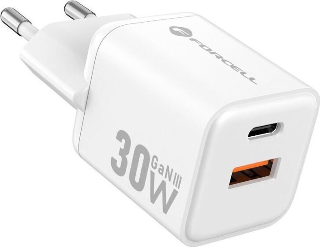 FORCELL F-ENERGY Mini GaN III VT-35 travel charger with 1 x Type C + 1x USB A sockets, PD QC4.0 30W white