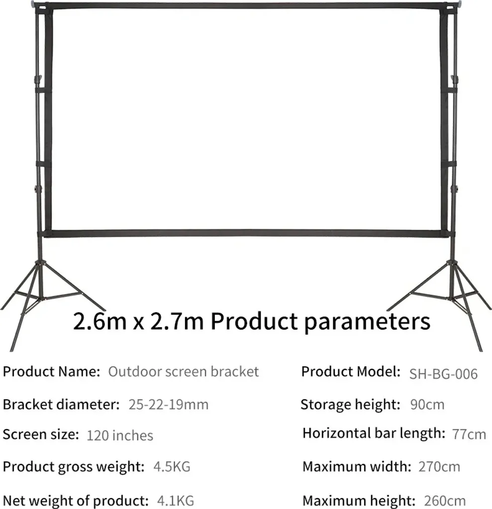 Écran de projection extérieur 120 pouces format 2,6x2,7m cadre stable