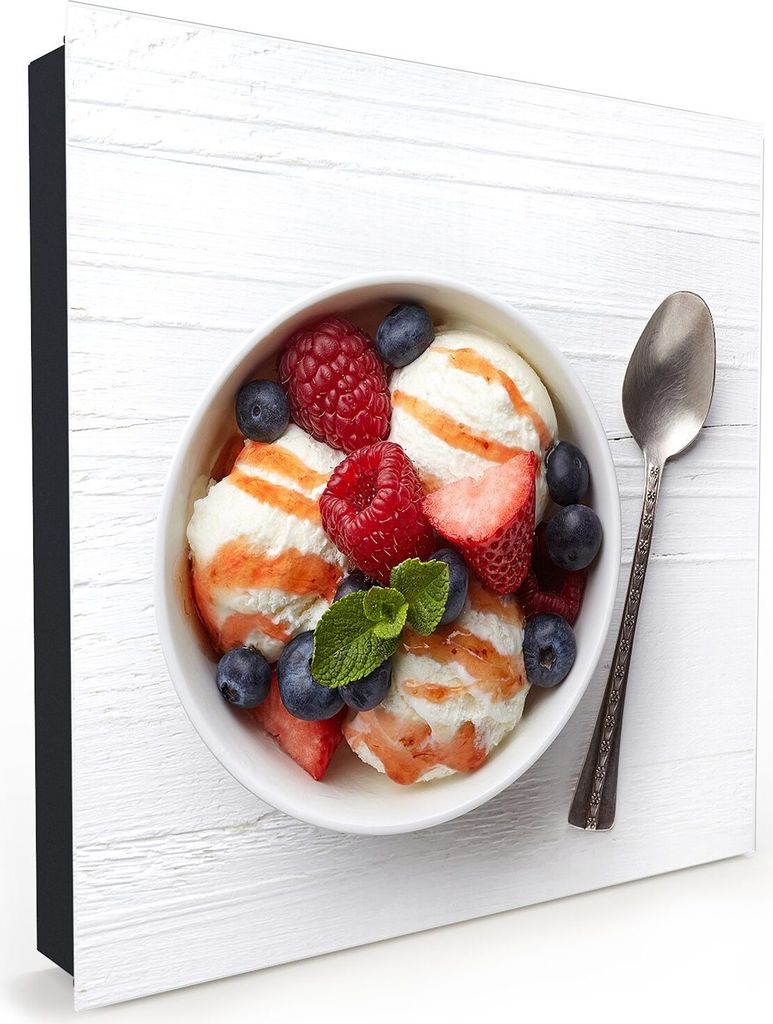 Nachbildung-Schlüsselkasten, Magnetpinnwand und Memoboard mit Glasfront Motiv Schüssel mit Früchte und Eis