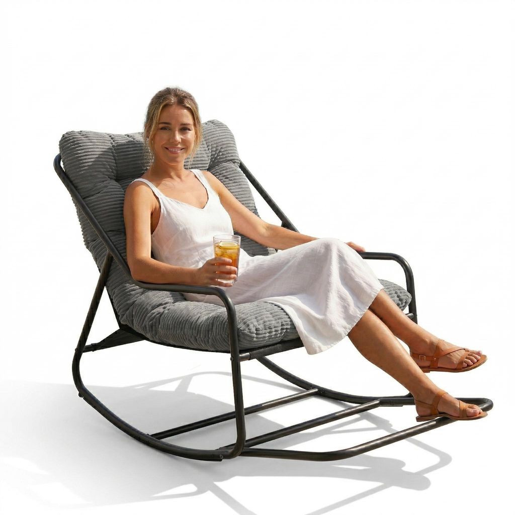 LVHOM Schaukelstuhl mit Armlehnen, Schaukelsessel Cordstoff Relaxsessel Modern mit Metallgestell & dickem Polster, Lesesessel Skandinavisch, Grau
