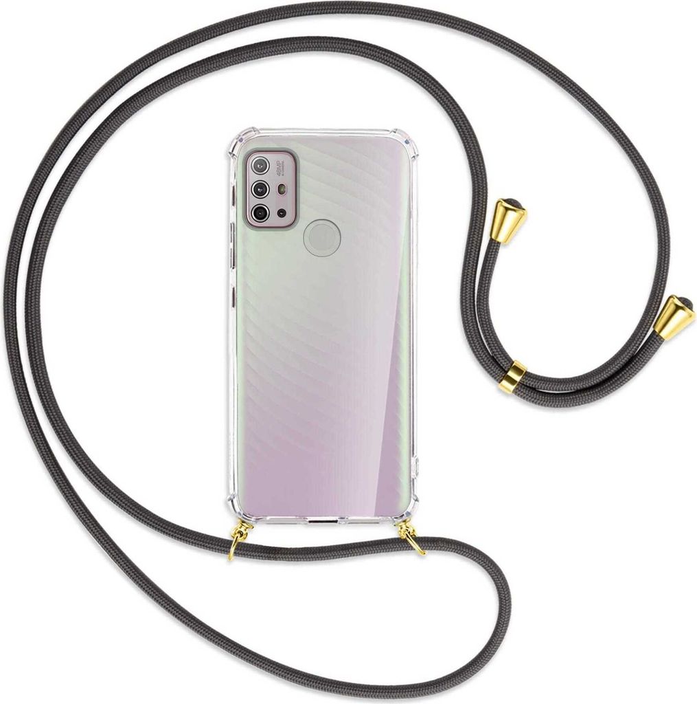 Handykette Backcover-Schutzhülle mit Band (Metall goldfarben) für Motorola Moto G10 (Power), G20, G30 - dunkelgrau