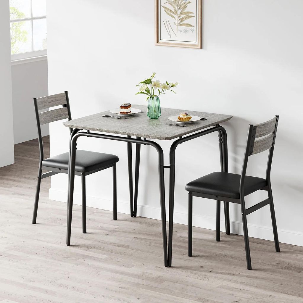 Essgruppe für 2 Personen - 3-teiliges Set - Platzsparend - Quadratischer Tisch - Metallgestell - Holz-Tischplatte - Minimalistisch Modern - Grau-S...