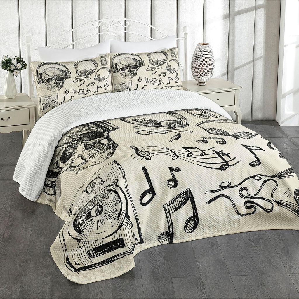 ABAKUHAUS Musik Tagesdecke Set, Flüchtiger Hintergrund Hippie Schädel Mit Plattenspieler Mic Sprecher Druck, 220 x 220 cm, Schwarz Beige