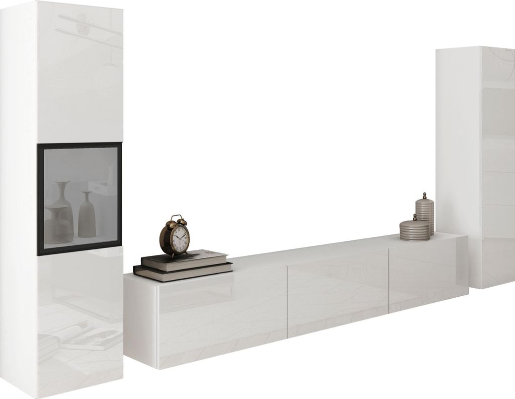 MIRJAN24 Wohnwand Berlin III, Stilvoll Wohnzimmer-Set, TV-Schrank, Modern Mediawand (Weiß / Weiß Hochglanz, ohne Beleuchtung)