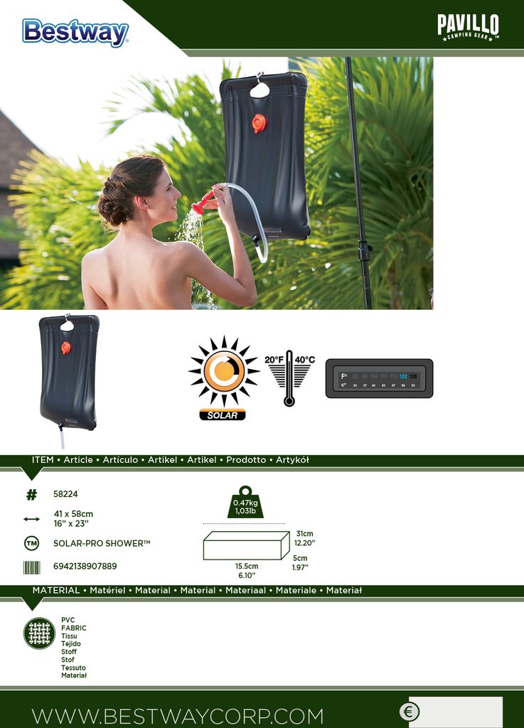 Ducha solar Bestway de 20 litros, modelo "Solar-Pro", Imagen del producto 
