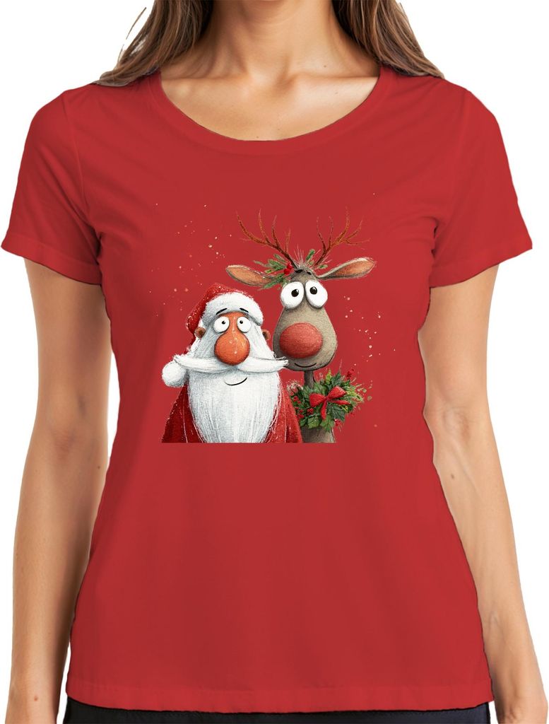 Weihnachtsmann Rudolph rote Nase niedlich Weihnachten Geschenk Damen T-Shirt, Rot, XL