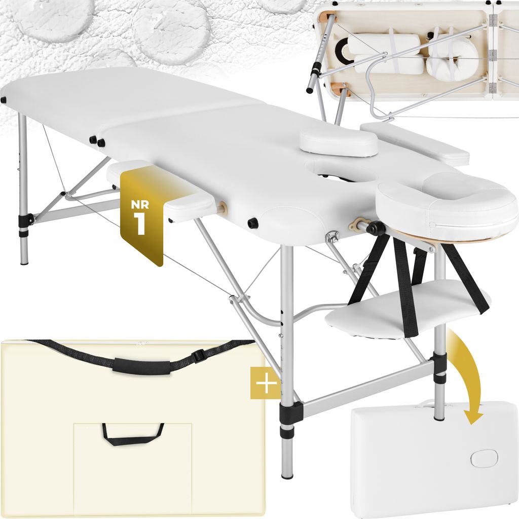 A collage of images showing a white massage table, its accessories, and its carrying case.