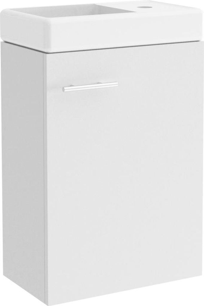A white vanity unit with a sink on top, shown from a three-quarter front angle.