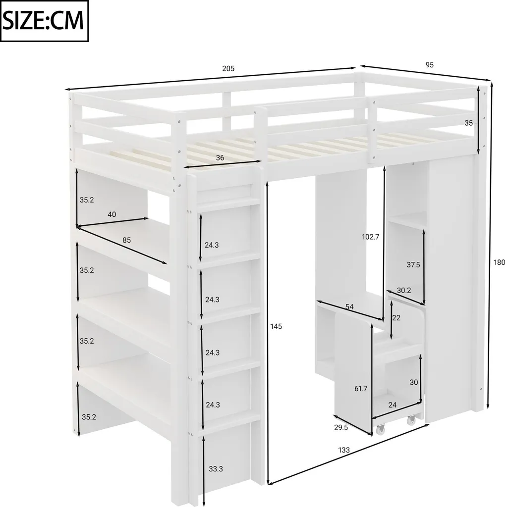 Lit superposé 90x200cm blanc avec penderie latérale et étagère de rangement - 6