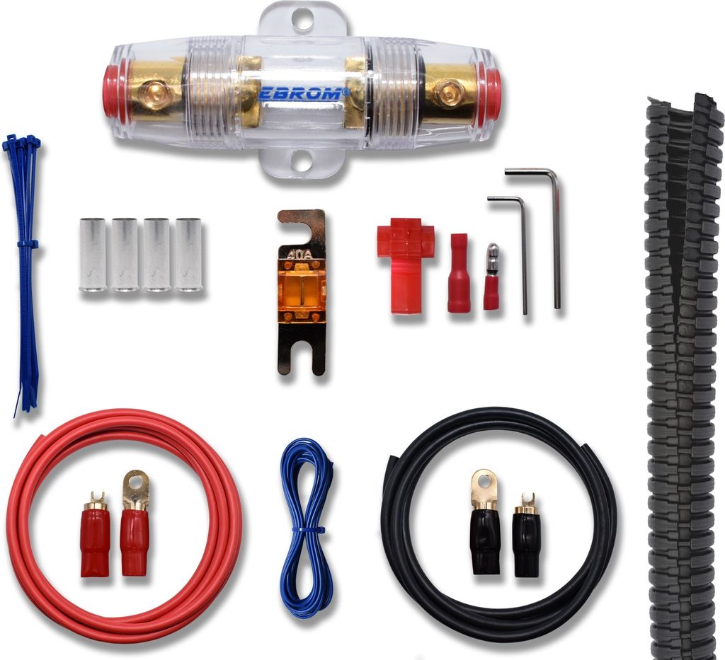 EBROM 10 mm2 Batteriekabel Vollkupfer Car Hifi Kabel Set, 4 m Pluskabel + 2 m Massekabel, Ringkabelschuhe + Gabelschuhe + 1 m Leerrohr + Sicherungs...