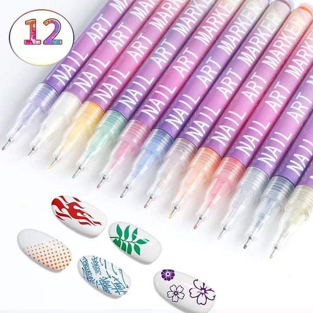 12 Farben Nageldesign Stift Set - Acryl Marker für Highlights & Konturen, Professionelles Nagelkunst Set