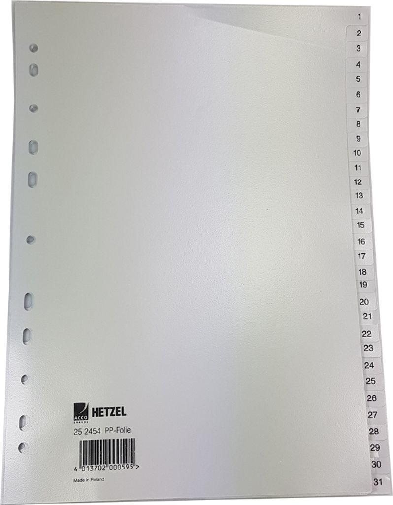 HETZEL Kunststoff Register Zahlen A4 1-31 PP grau