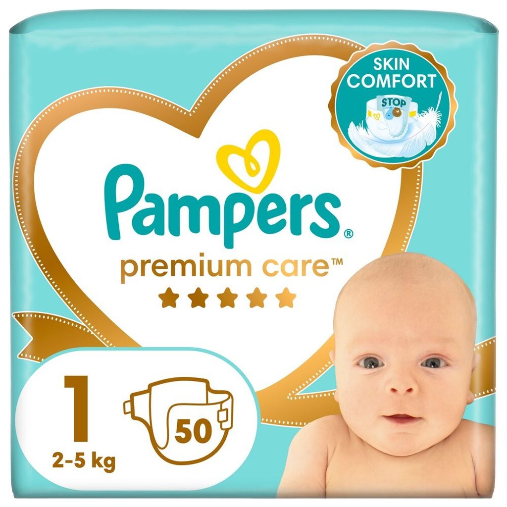 Pampers Premium Care Diapers With Adhesive Size 1 For Babies Weighing 2-5kg, 50 Pieces