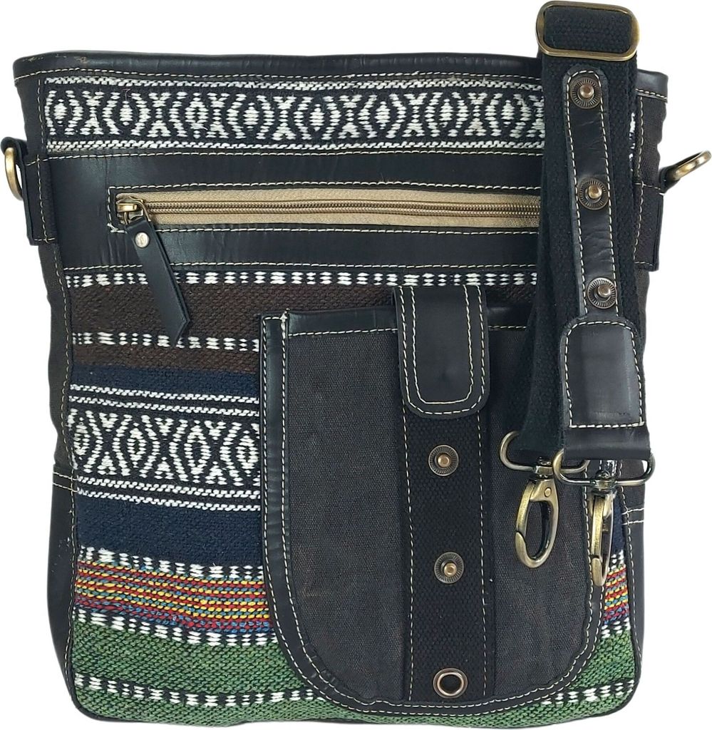 Sunsa Canvas Tasche. Schultertasche Umhängetasche schwarz Webstoff gemustert mit viele Fächern