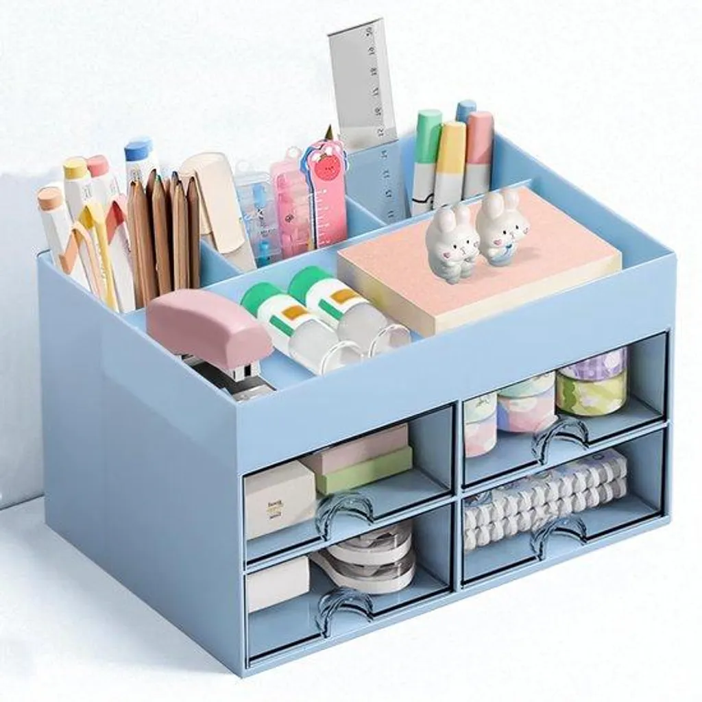 Caisson de rangement 4 tiroirs bleu pour bureau et fournitures scolaires