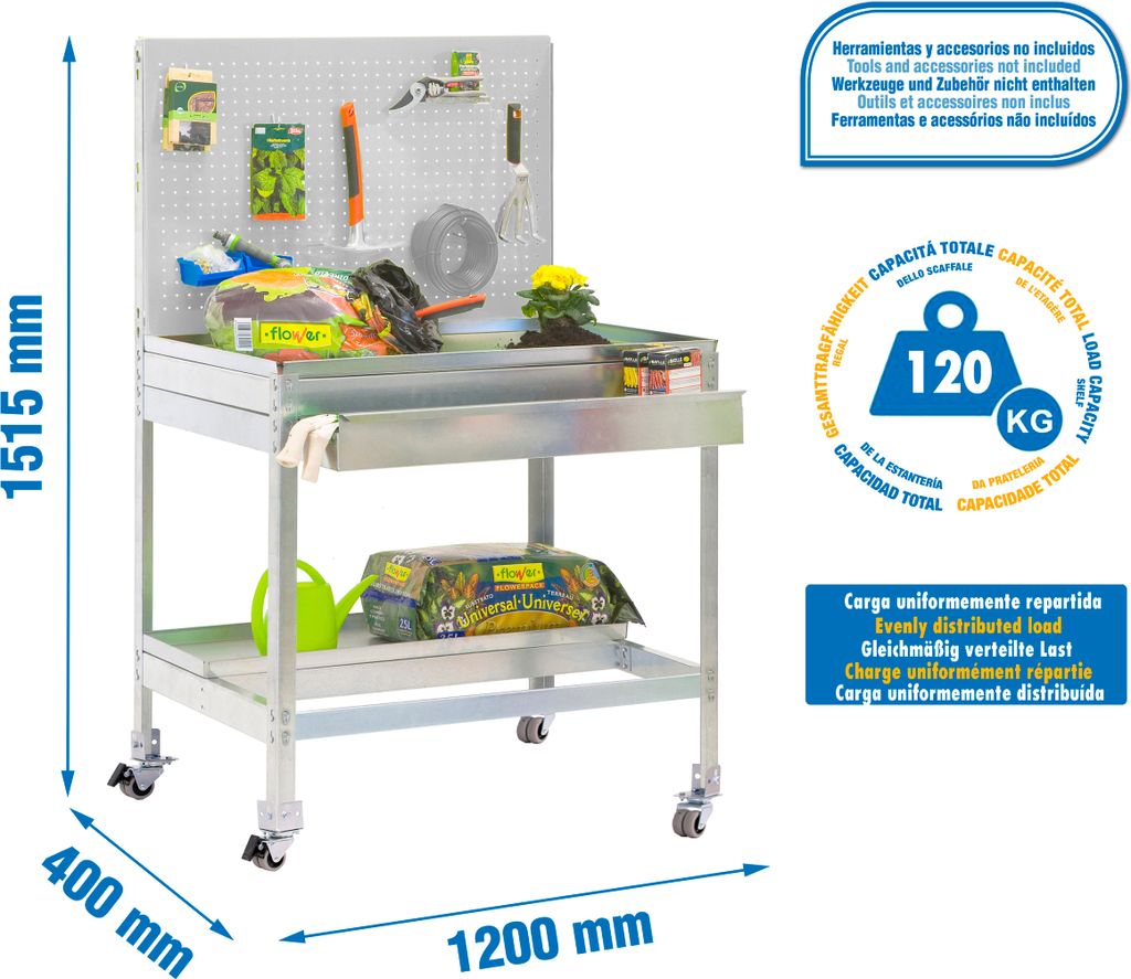 SIMONGARDEN BT2 BOX MOB Werkbank. 1200x400 GALVA/GALVA