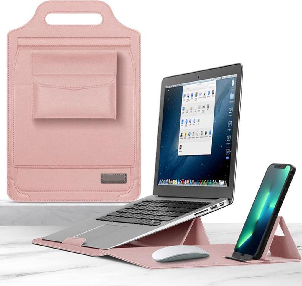 Multifunktionale Laptop-Tasche, Tragbare Halterung, PolyurethanWasserdicht, Faltbarer Ständer mit Handyhalterung, 13-14 inch, Roségold