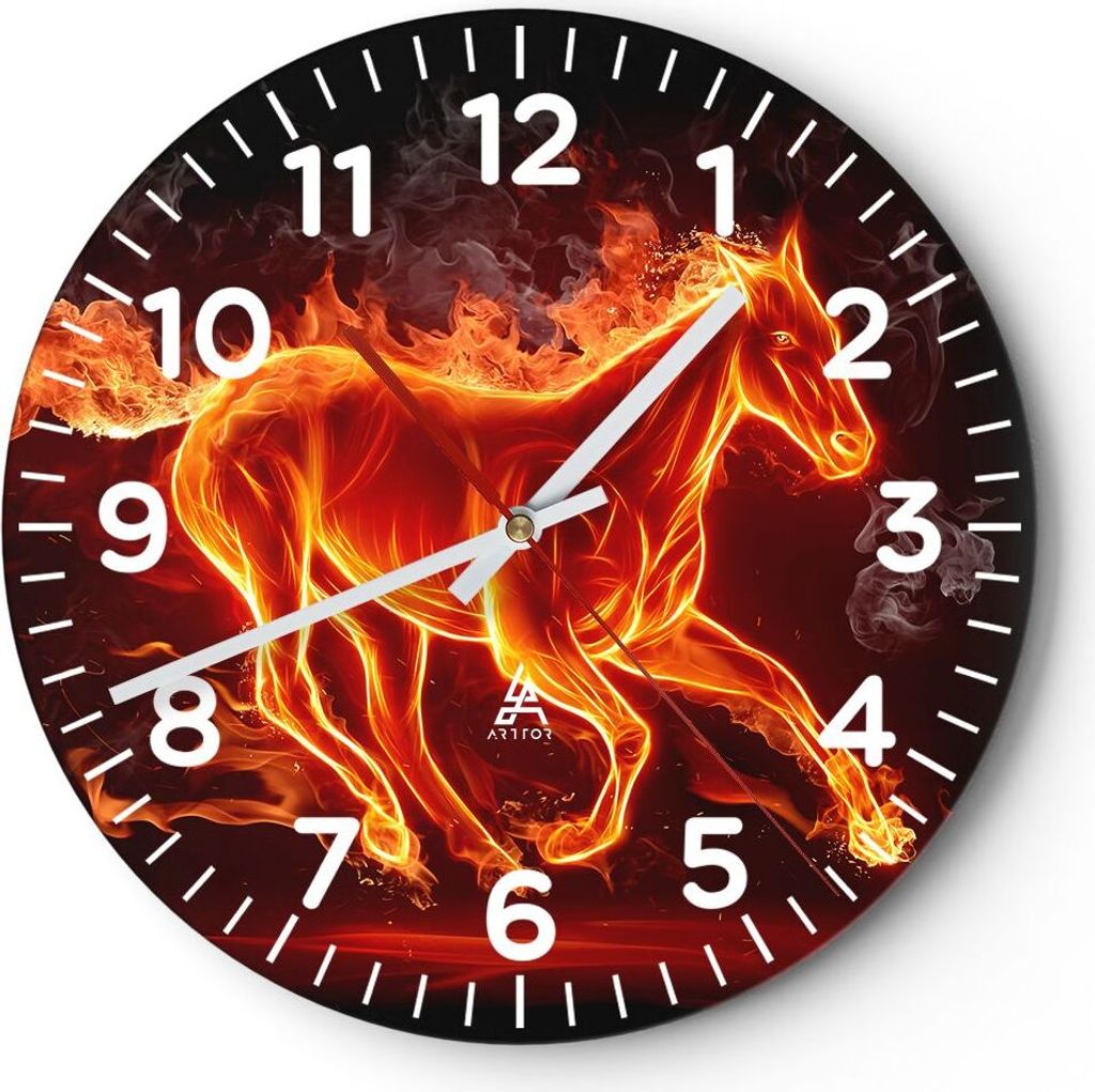 Wanduhr - Rund - Glasuhr - Pferd Illustration Flammen - 30x30cm - Schleichendes Uhrwerk - Lautlos - zum Aufhängen bereit - Dekoration Modern - Wan...
