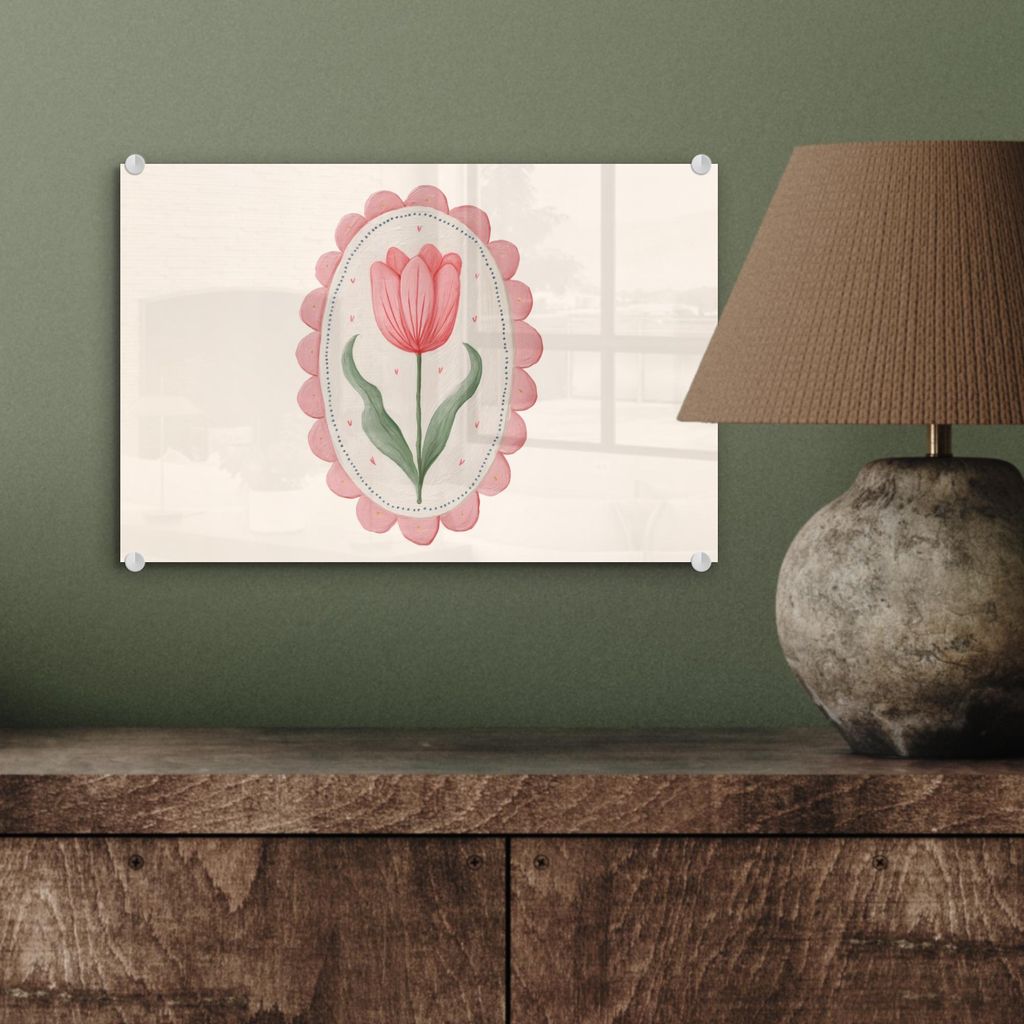 MuchoWow Glasbilder - Bilder auf Wandbild - Foto auf Glas Tulpe - Rahmen - Oval - Illustration 30x20 cm Wanddekoration aus Glas - Acrylglasbild - A...