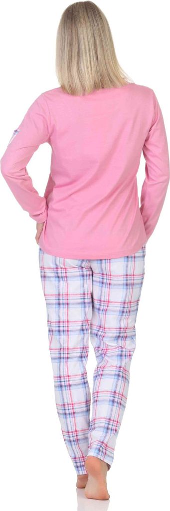 Normann Damen Schlafanzug mit karierter Pyjama-Hose aus Jersey - auch in Übergröße ; rosa , 56