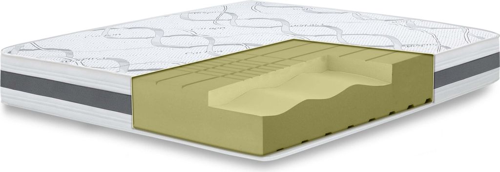 A cross-section of a mattress is shown, revealing its internal layers.
