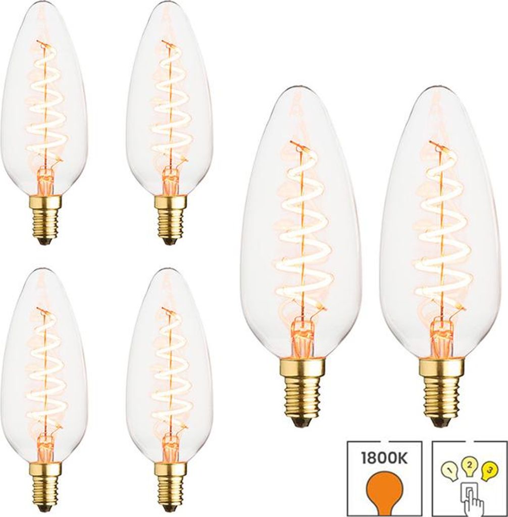 A set of six LED candle light bulbs with spiral filaments, displayed on a white background.