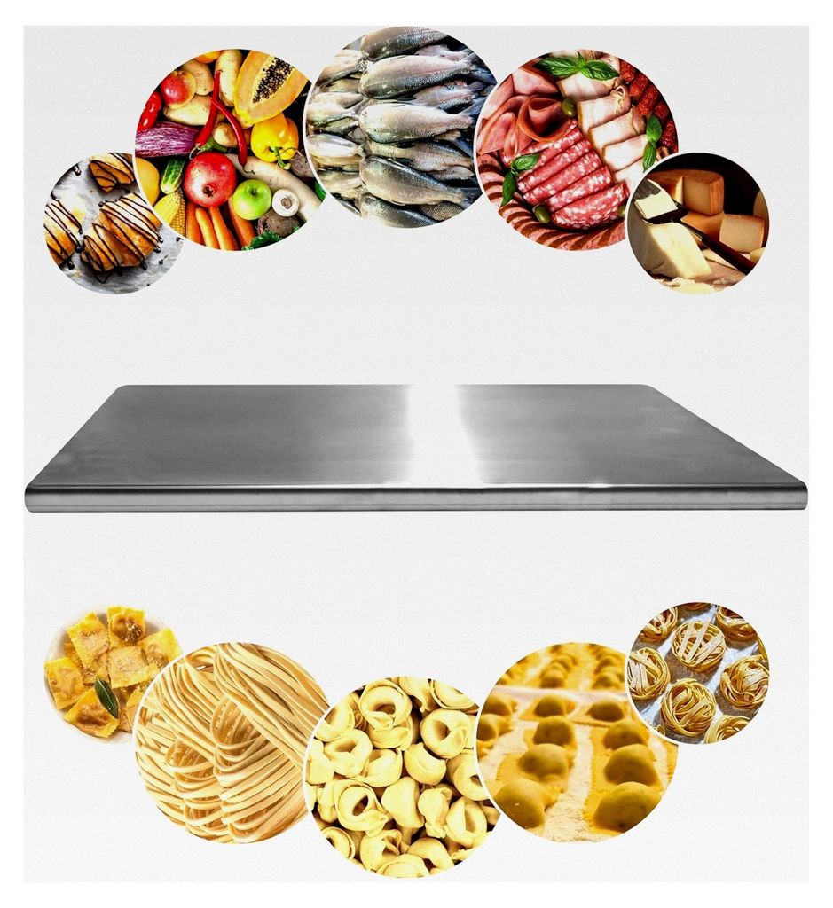 Edelstahl Schneidebrett – Küchen- und Backbrett aus Edelstahl für Pizza, Brot, Blätterteig, Schokolade und Desserts, 500 x 560 mm, mit 20 mm b...