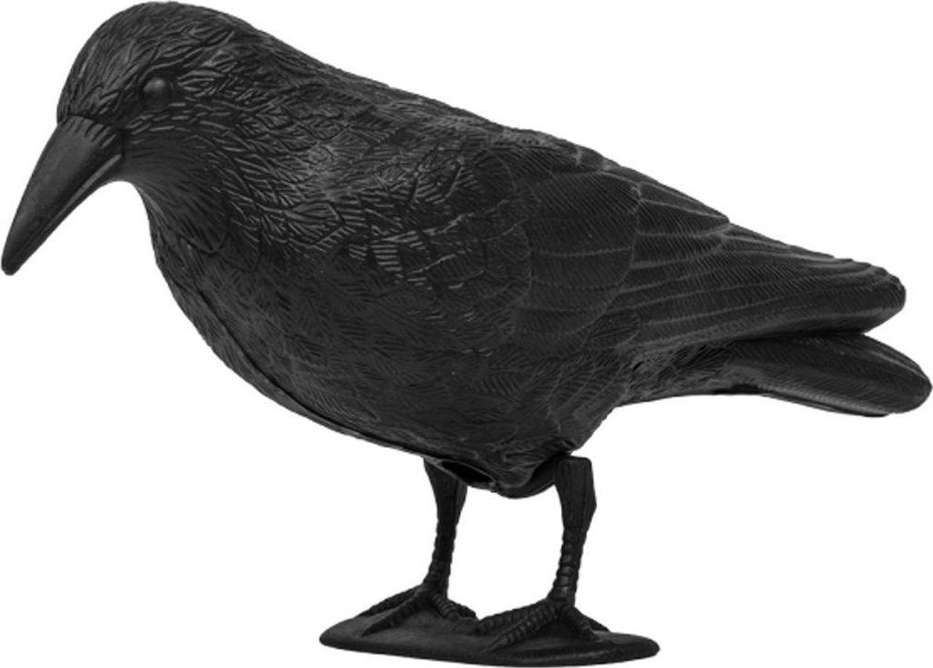 A black crow decoy is shown against a white background.