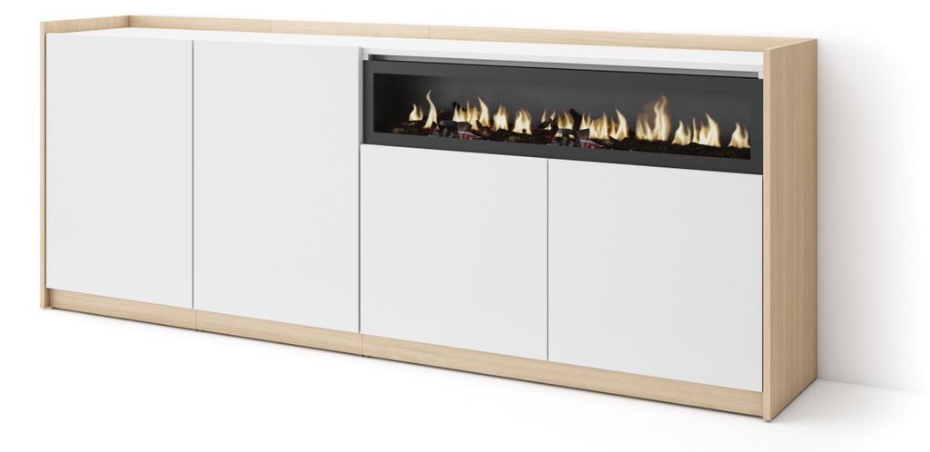 Sideboard, Highboard, 207x37x80cm, 4 Türen, Elektrokamin., Weiß und Eiche Soft