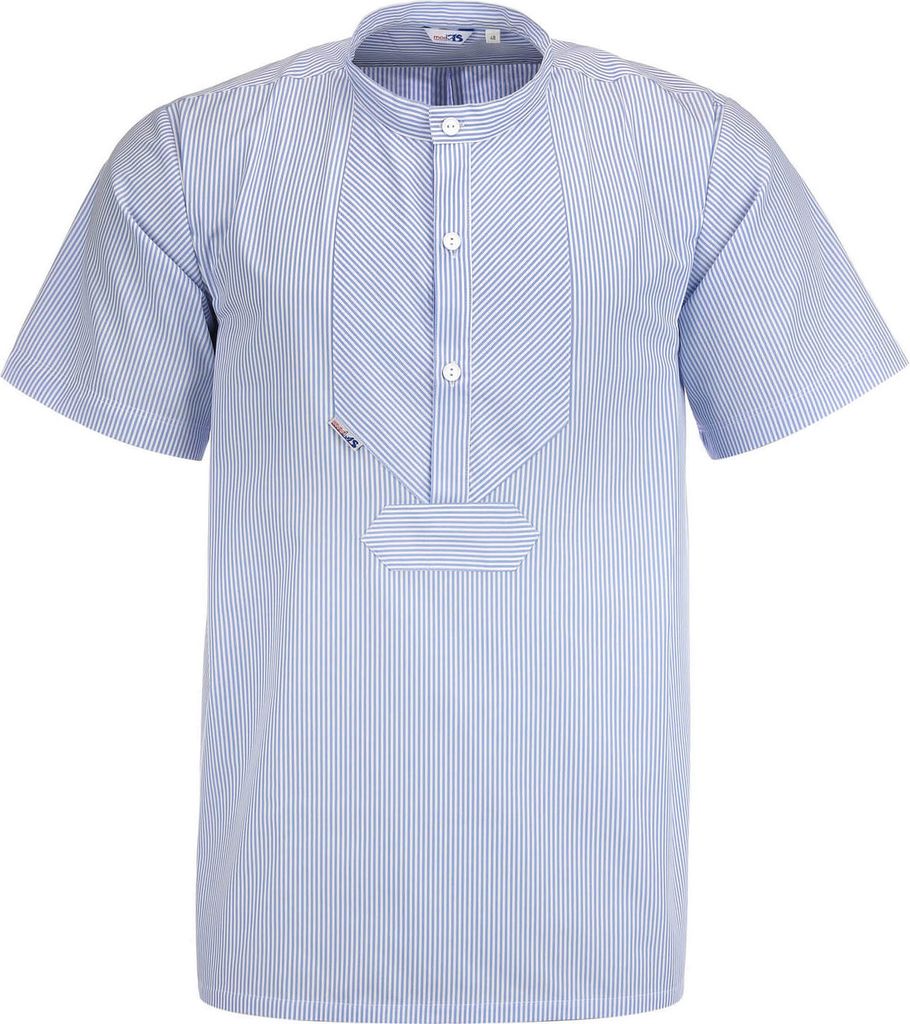 modAS Uni Fischerhemd Sommer Kurzarm-Shirt mit Stehkragen - Gestreiftes Hemd im Finkenwerder-Stil in Azur-Weiß Größe Damen 46 – Herren 52
