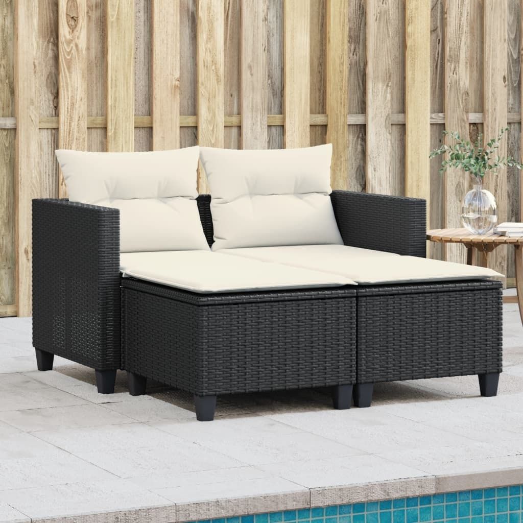Maison Exclusive - Gartensofa 2-Sitzer mit Hockern Schwarz Poly Rattan