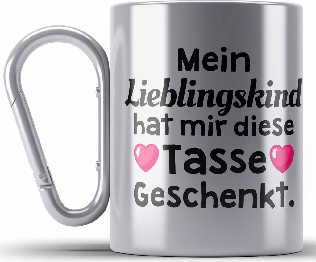 Trendation - Mutter Vater Edelstahl Tasse Karabiner mit Spruch Mein Lieblingskind Hat Mir Diese Edelstahl Tasse Karabiner Geschenkt (Silber)