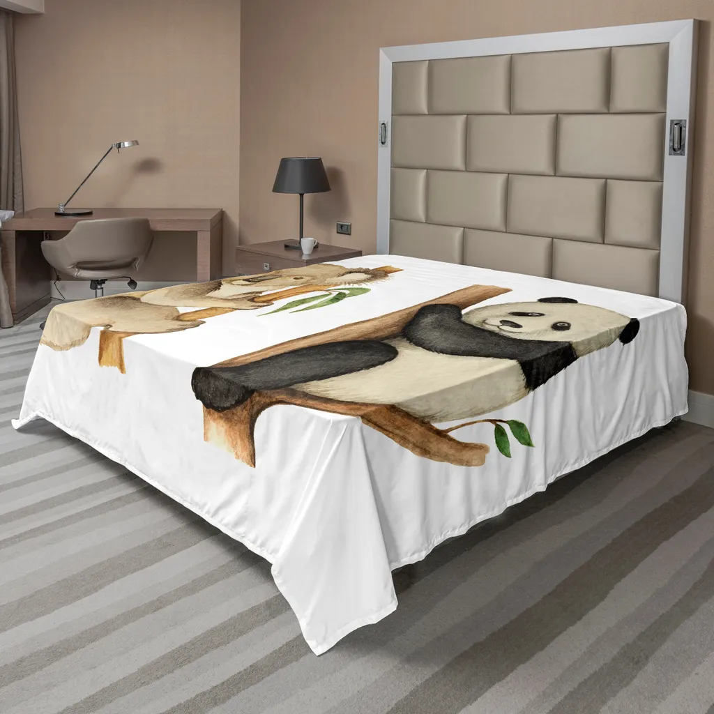 ABAKUHAUS Lenzuolo Panda, Koala e Panda, Stampa Vita selvaggia sugli alberi Habitat tropicale, morbido e confortevole lenzuolo superiore per un letto decorativo 1 pezzo 275 cm x 260 cm, nero beige
