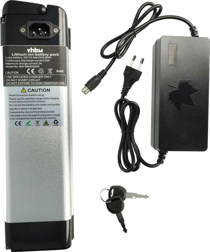 vhbw Akku kompatibel mit Samsung SDI 2510-A E-Bike bis Bj. 2014 (10,4 Ah, 24 V, Li-Ion, inkl. Ladegerät) + Ladegerät - Schwarz Silber